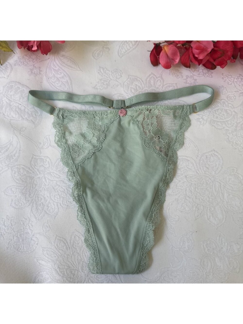 VICTORIA'S SECRET XL MINT GREEN SILKY LACE V STRING ADJ SIDE THONG PANTIES NWT